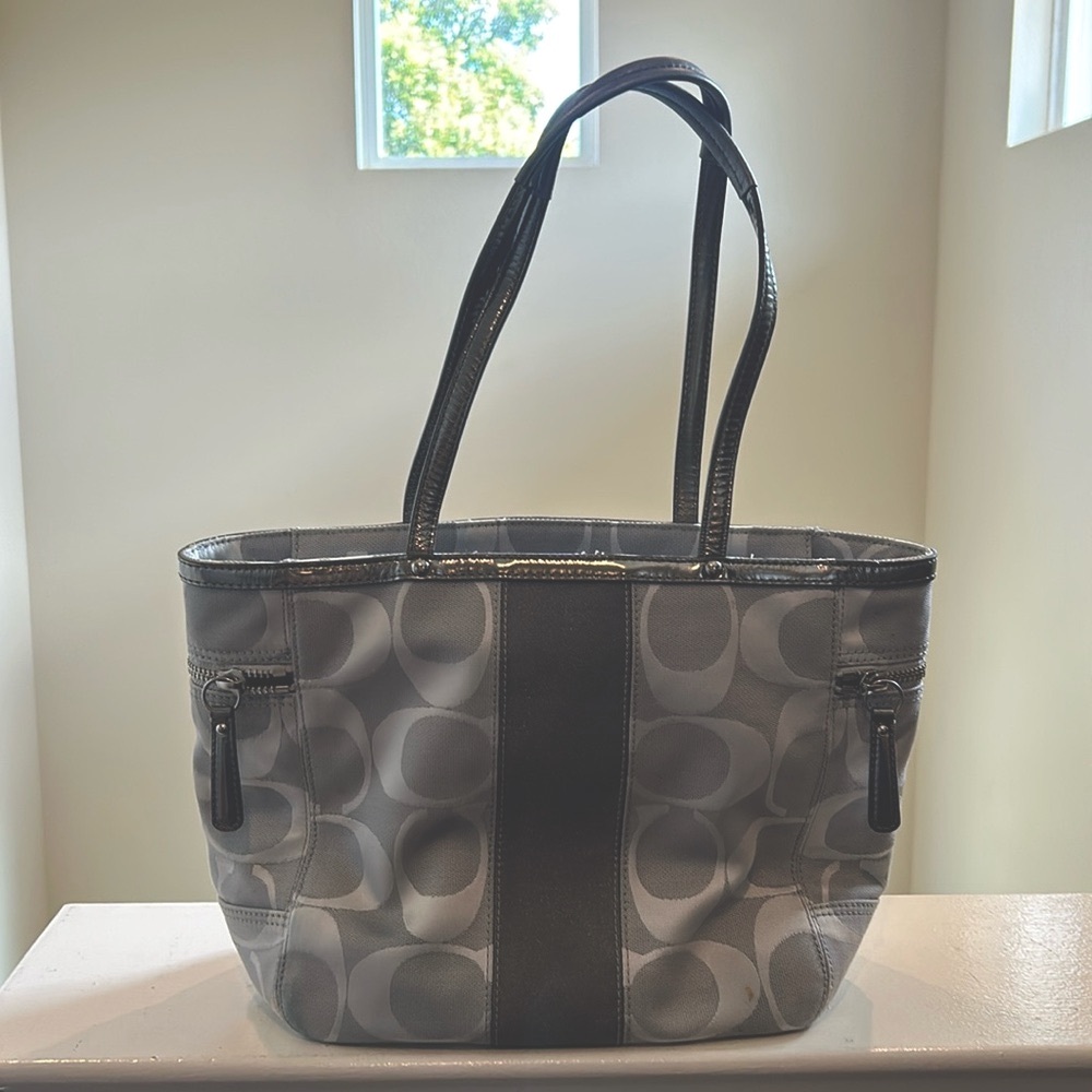 Coach Metallic Gray Signature Stripe Tote - Good Condition